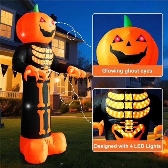 8 FT Halloween Inflatables Pumpkin Reaper Ghost with Magic Lightshow Bones - Picture 5 of 6